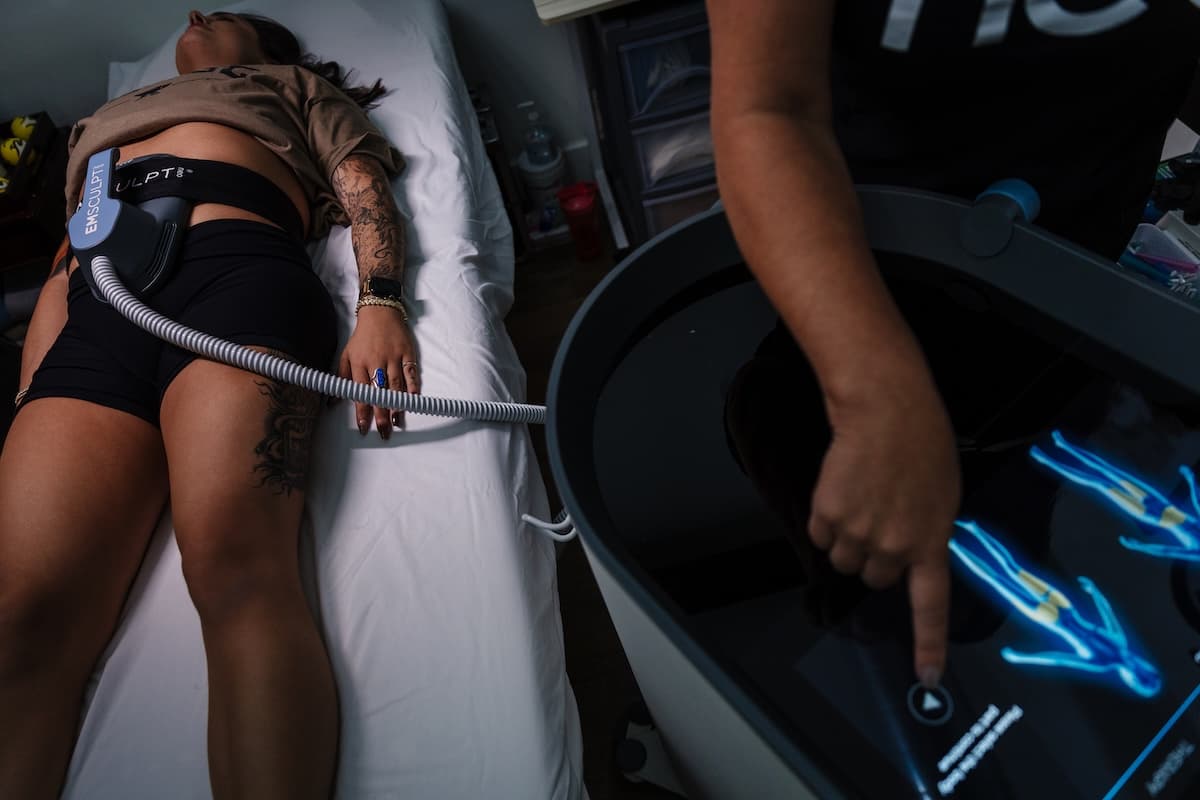 Overhead view of an EMSCULPT NEO body sculpting session in progress at Wichita Laser Clinic in Wichita, Kansas
